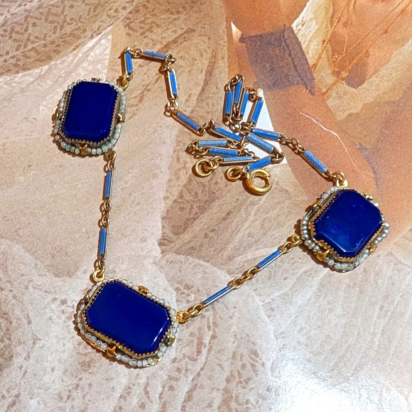 RARE Antique German Lapis Glass Seed Bead Necklace - Picture 4 of 7